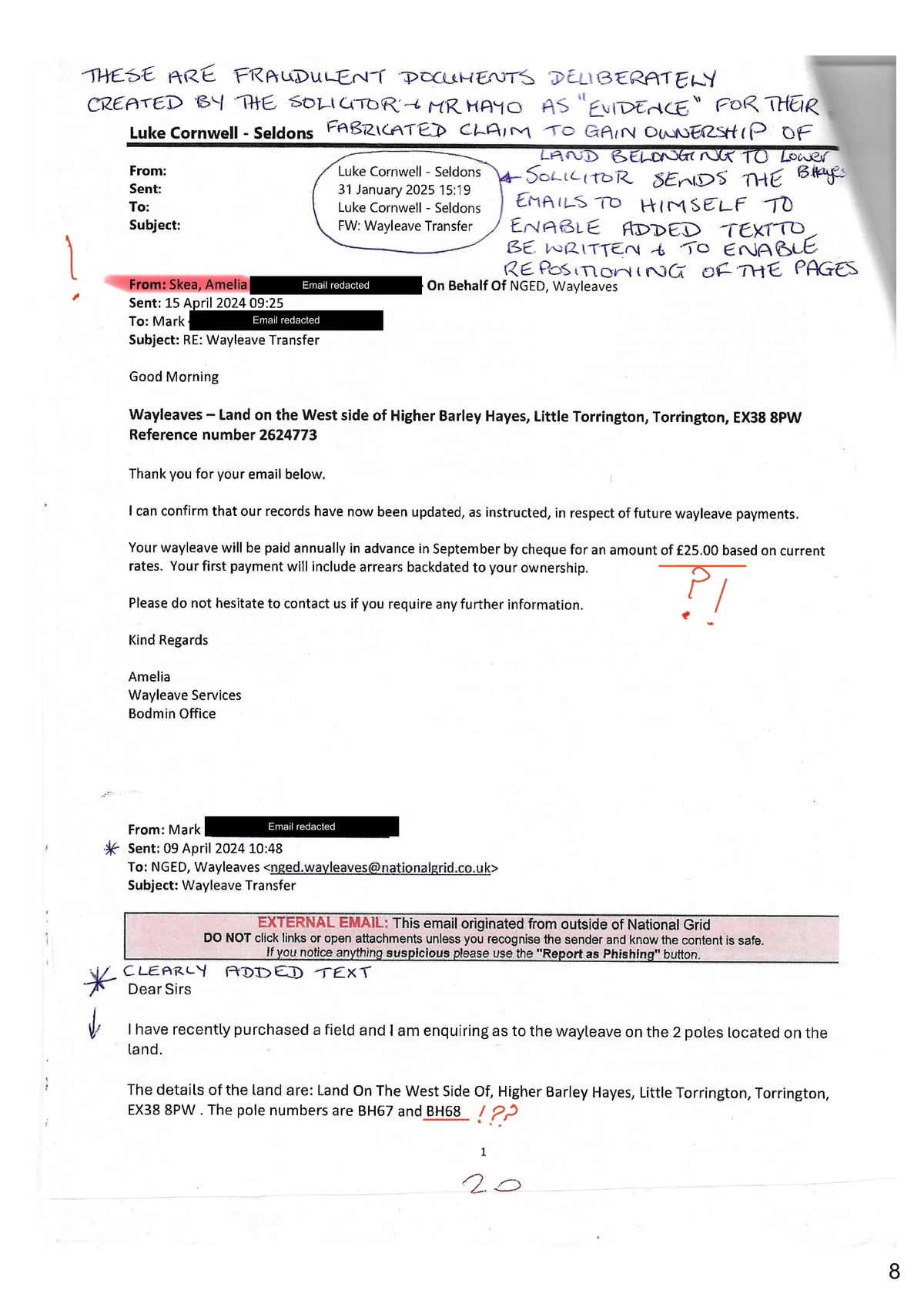Annotated printout: outer From and To both say Luke Cornwell – Seldons; attributed Amelia Skea reply states £25 annually; embedded Mayo request names BH67 and BH68.