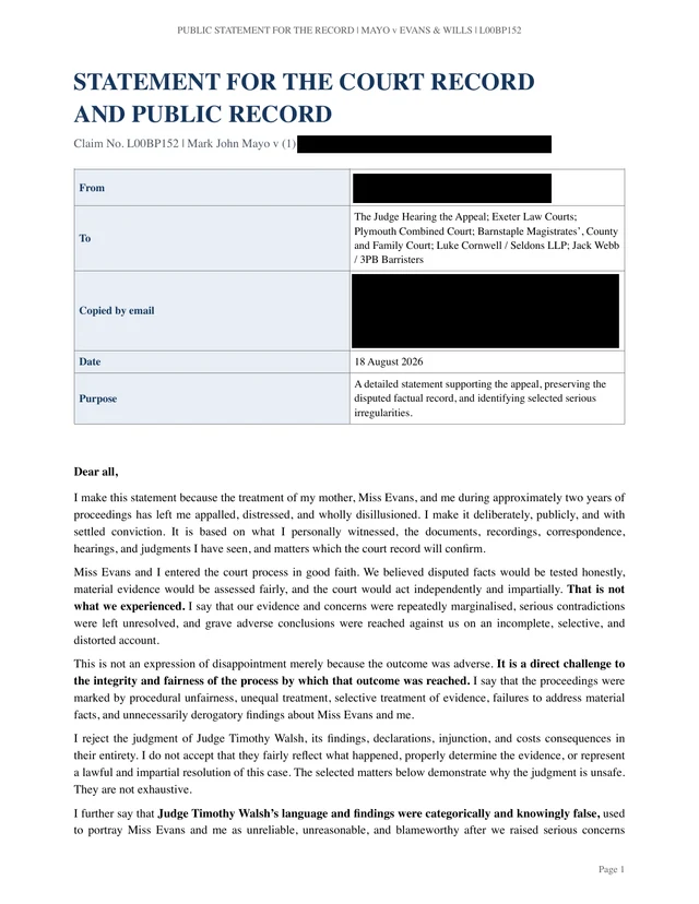 Page 1 of Mr J’s statement: Opening allegation, recipients, purpose and statement date.