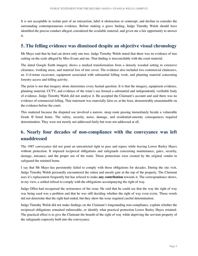 Page 5 of Mr J’s statement: Points 4–6: evidence context, felling and the conveyance safeguards.