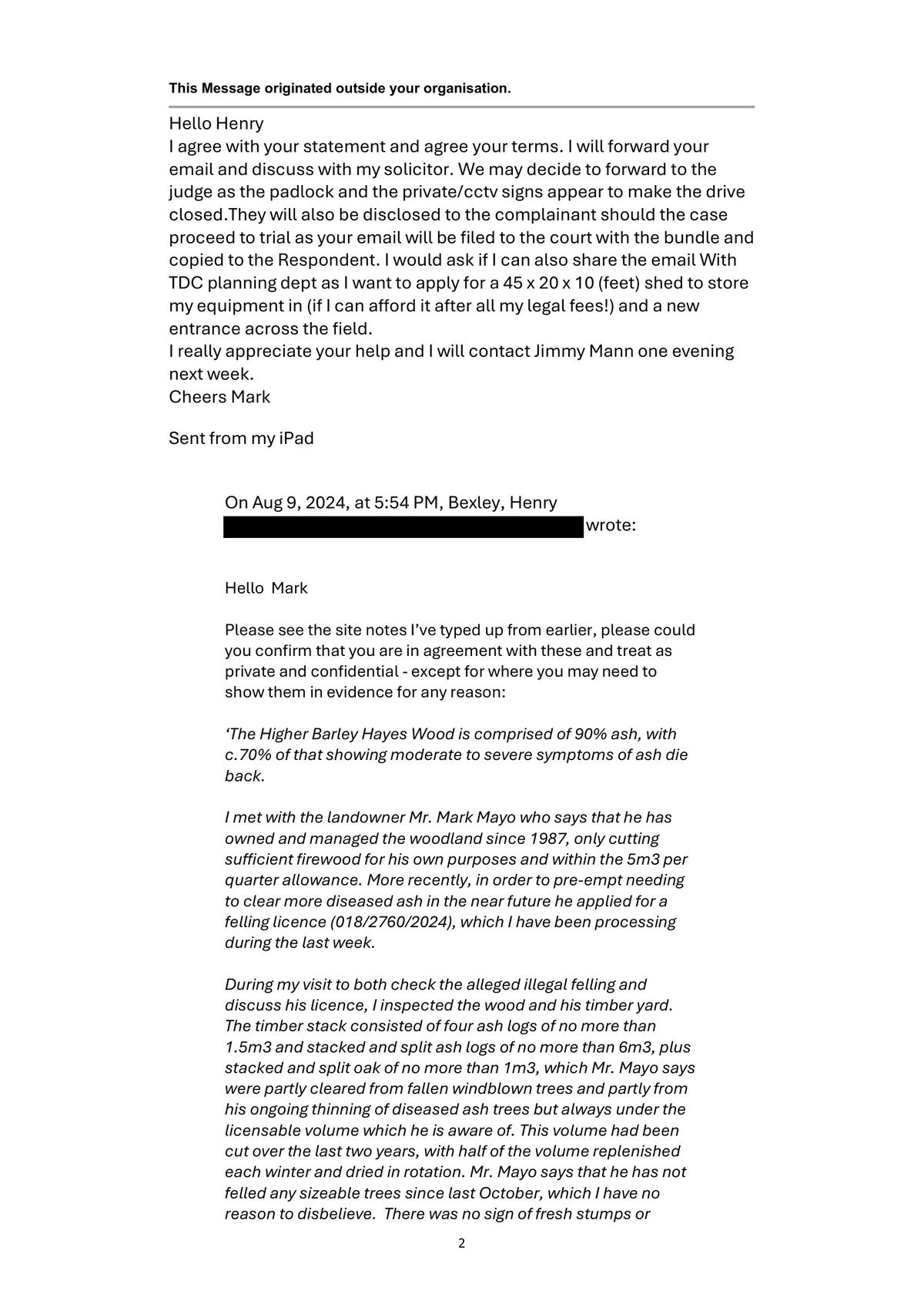 Page 2 of the supplied Bexley–Mayo email chain: Agreement, possible court use and the request for confirmation. Contact details are covered; the email wording is retained.