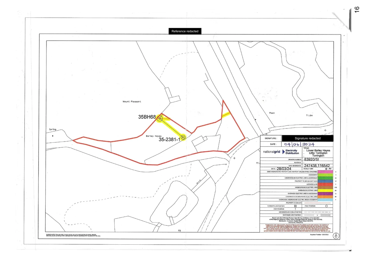 National Grid plan 83920/SI: 35BH68 is marked beside the red property edge, with yellow overhead lines leading to apparatus 35-2381-1. The signature and handwritten reference are covered.