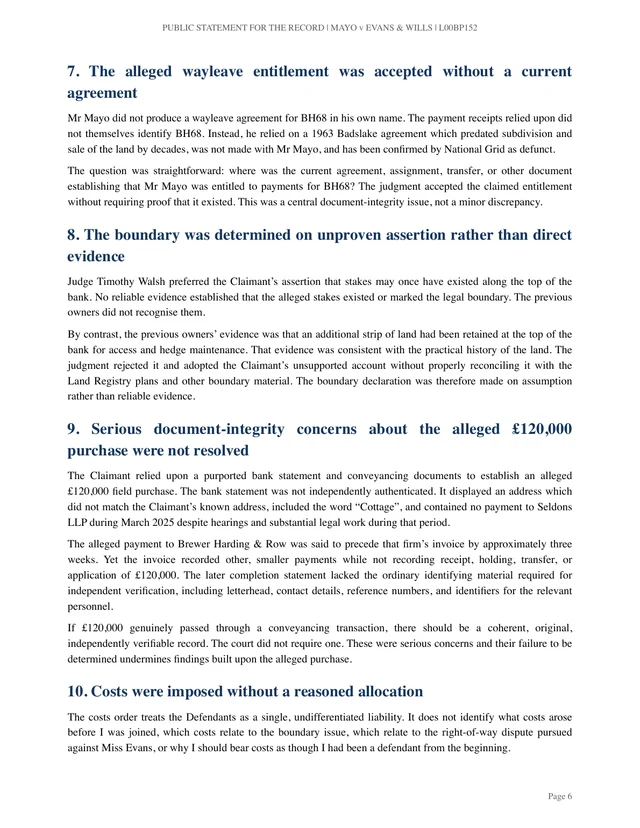 Page 6 of Mr J’s statement: Points 7–10: BH68, boundary, purchase documents and costs.