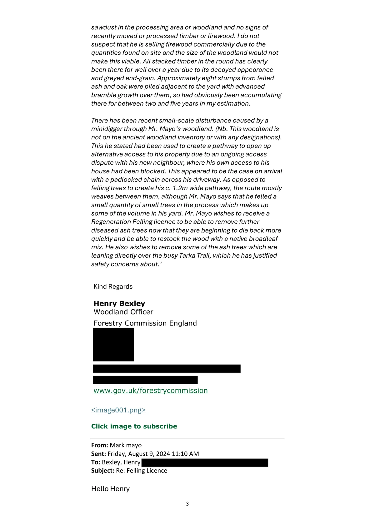 Page 3 of the supplied Bexley–Mayo email chain: The remaining visit notes and the next message header. Contact details are covered; the email wording is retained.