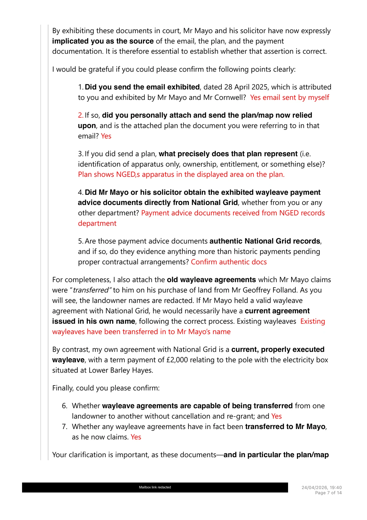 The 2 February answers confirming the email, plan, payment documents and claimed transfers