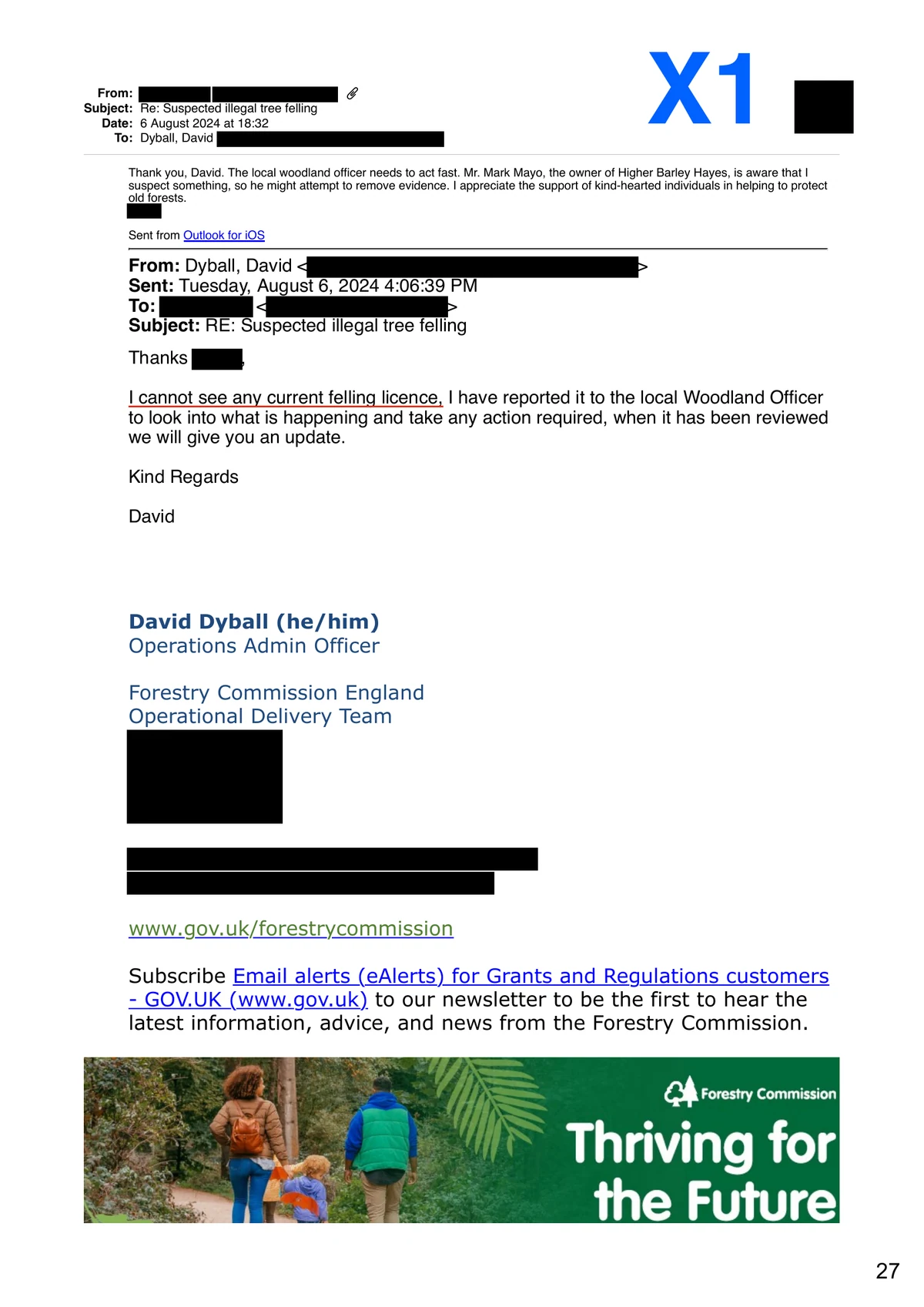 David Dyball’s email reply dated 6 August 2024 at 16:06:39: he cannot see any current felling licence and has referred the matter to the local Woodland Officer. Recipient names and contact details are covered.