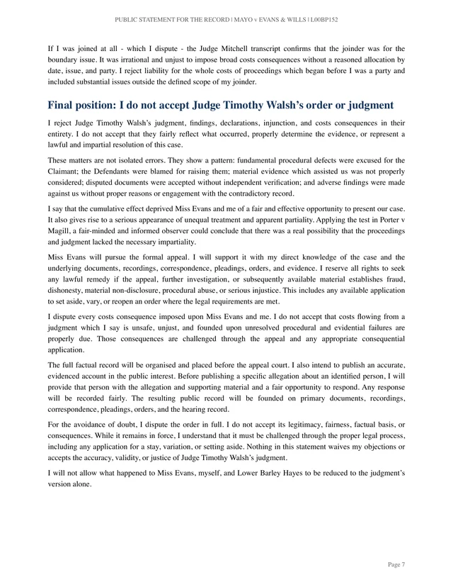Page 7 of Mr J’s statement: Costs continued; final position, apparent-bias argument and intended appeal.