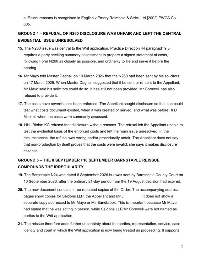 Page 3 of Miss E’s grounds: the reasons and N260 disclosure challenges.