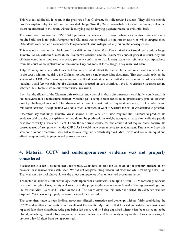 Page 4 of Mr J’s statement: Points 3–4 continued: trial-fee challenge and contemporaneous evidence.
