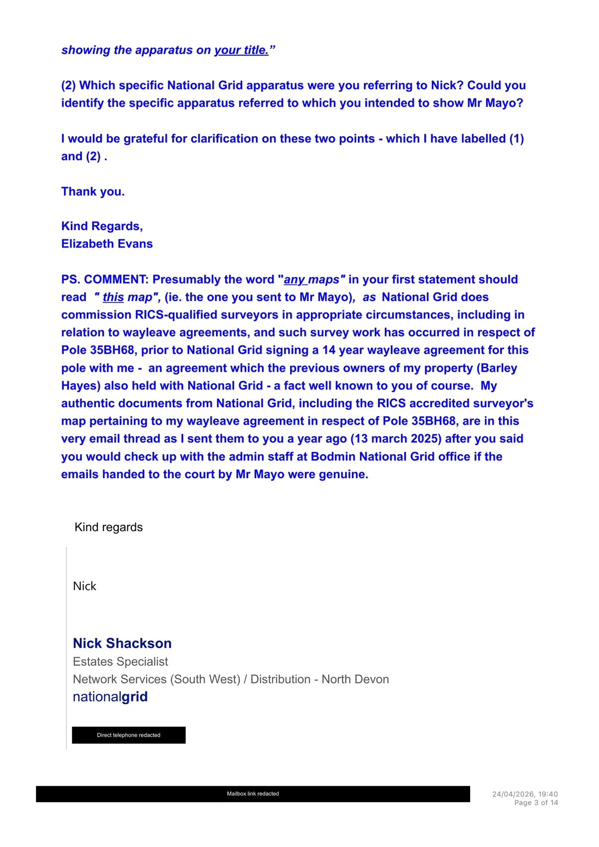 Miss E’s 13 February specific-apparatus question and comparison with her agreement