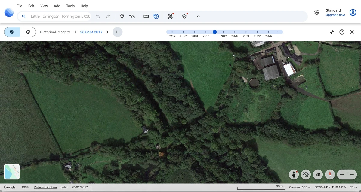 Google Earth historical aerial view dated 23 September 2017 showing tree cover around Higher Barley Hayes.