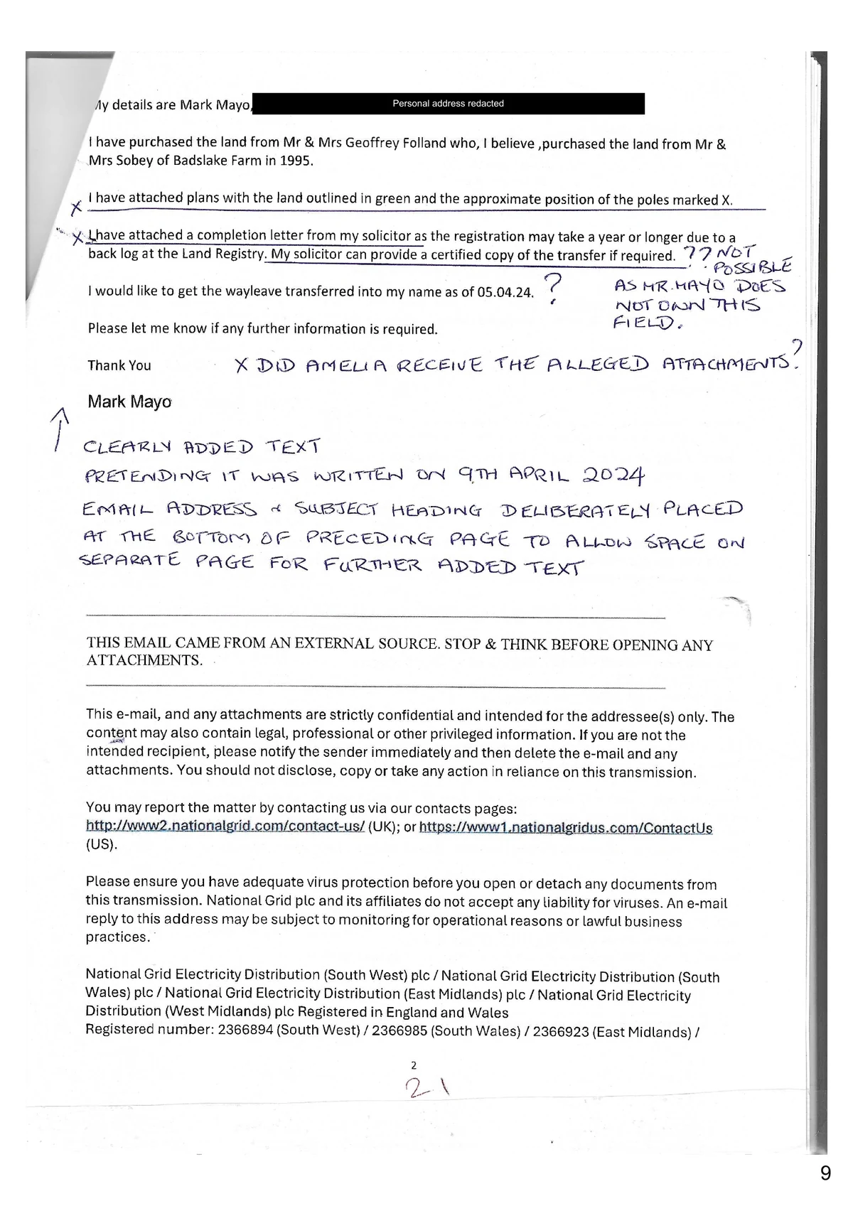Continuation of the attributed Mayo request referring to the previous landowners, a marked plan, solicitor’s completion letter and proposed transfer date; family annotations question the claimed attachments.