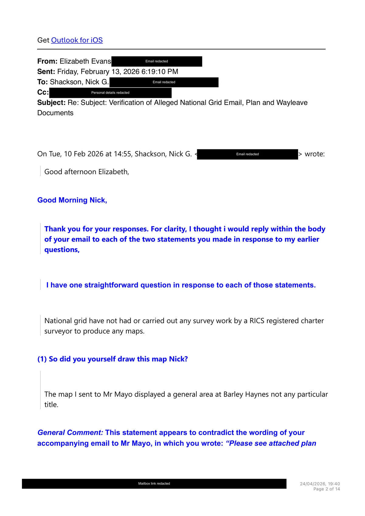The 10 February general-area reply quoted with Miss E’s 13 February challenge