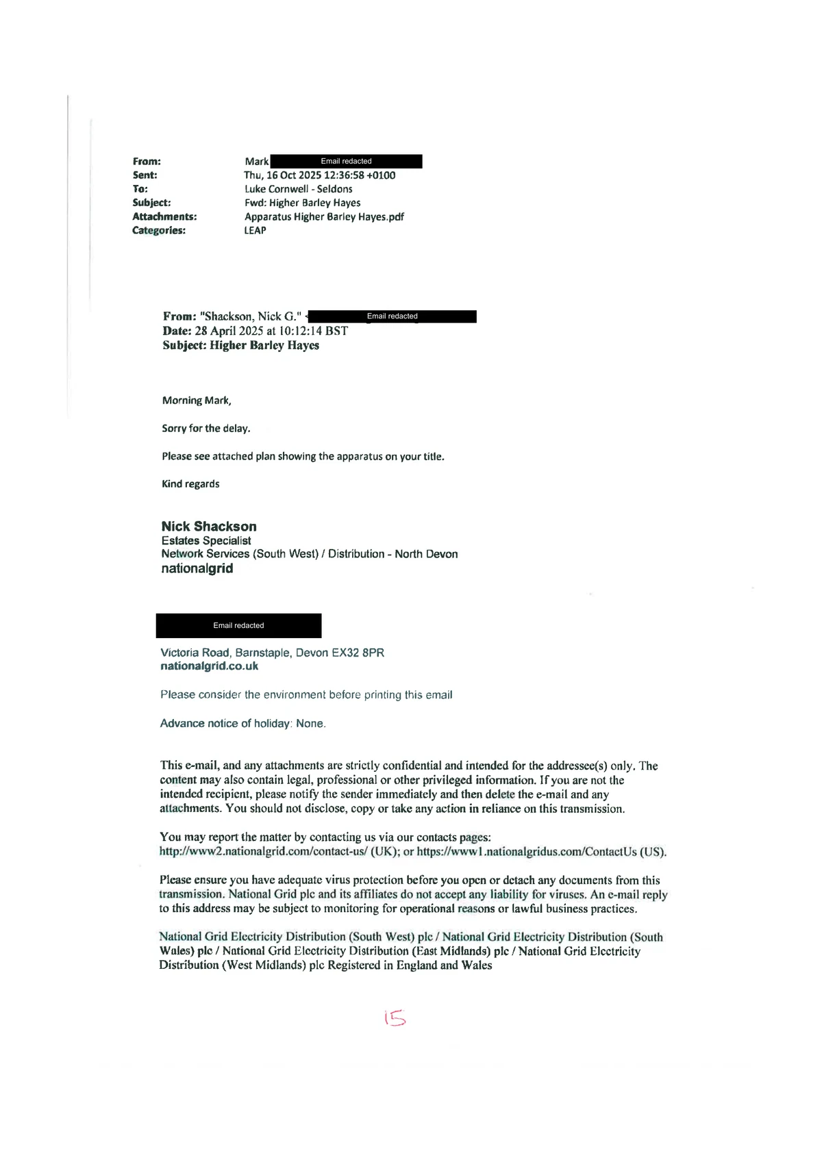 Shackson’s 28 April email and the 16 October forwarding header to Cornwell