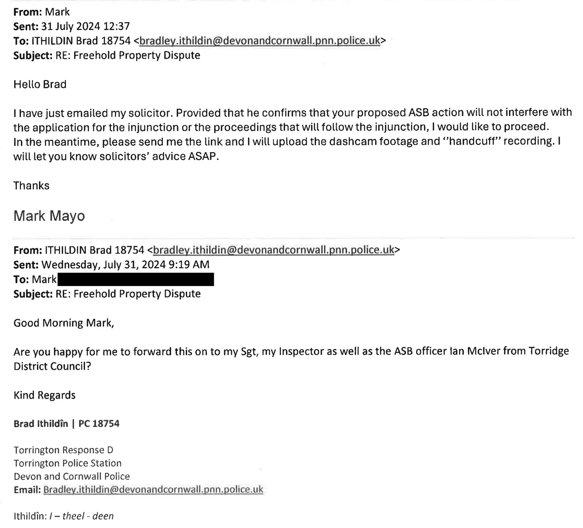 31 July 2024, 12:37 · Mayo connects it to his injunction: correspondence excerpt from Miss E’s appeal bundle.