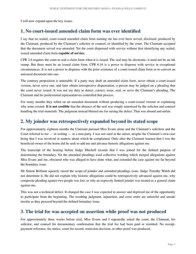 Page 3 of Mr J’s statement: Points 1–3: operative claim, scope of joinder and trial fee.