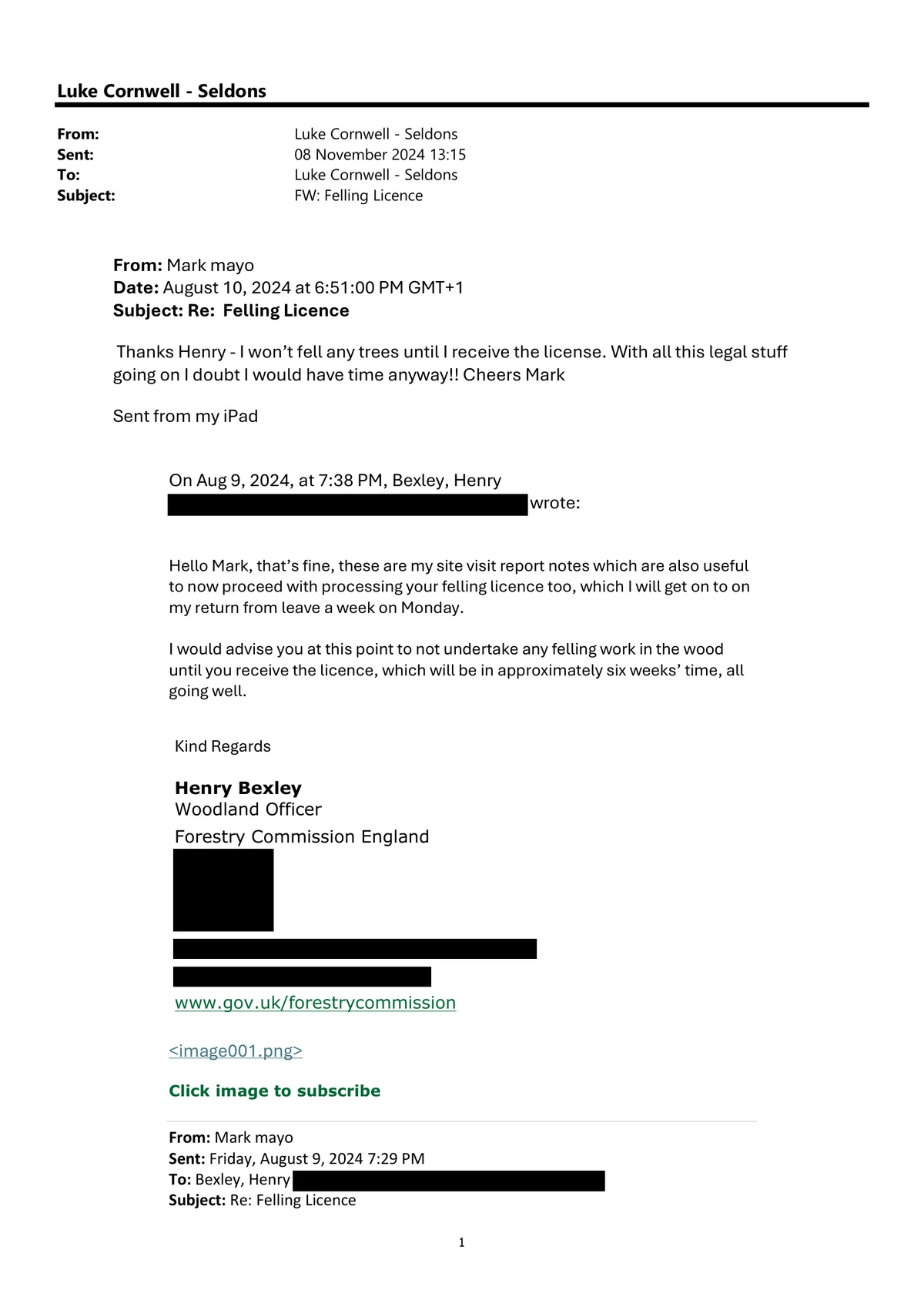 Page 1 of the supplied Bexley–Mayo email chain: Forwarding header and licence follow-up. Contact details are covered; the email wording is retained.