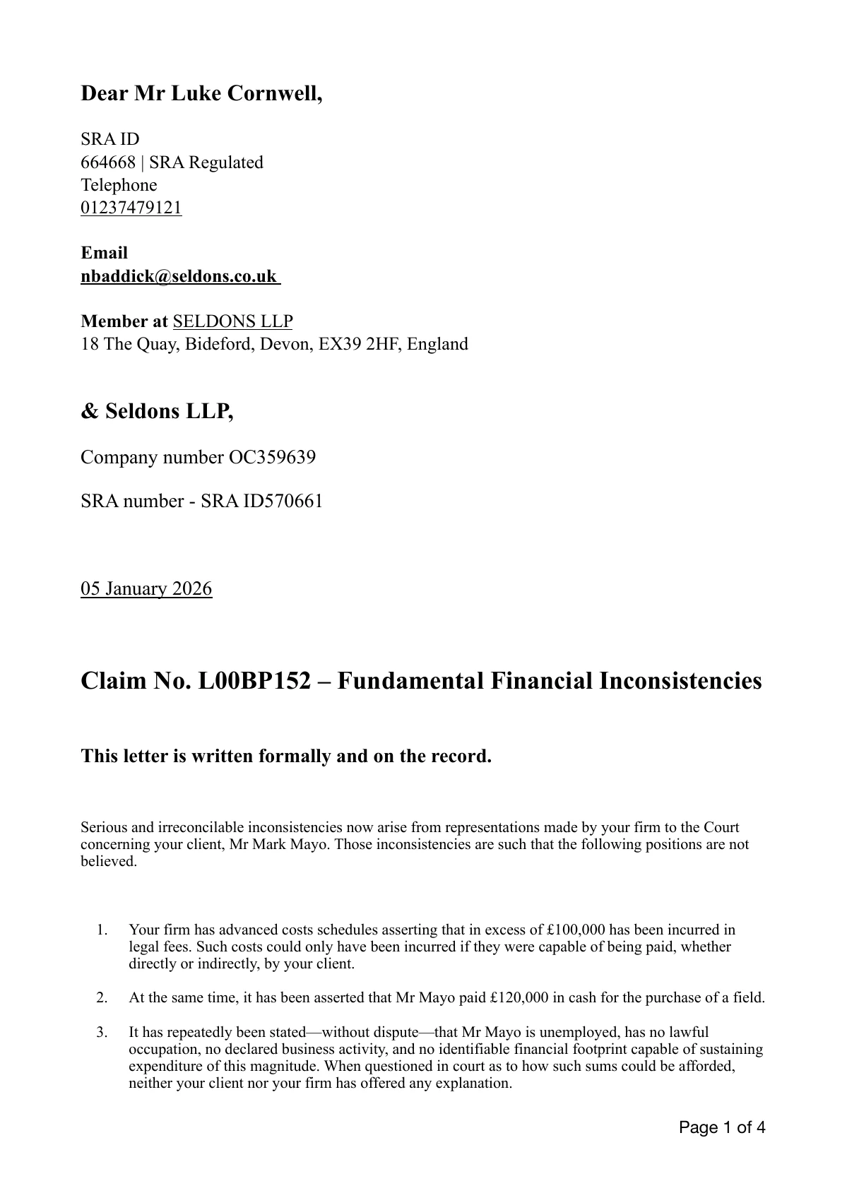 Mr J · 5 January 2026: The demand: substantiate the financial representations. Page 1 of 4.