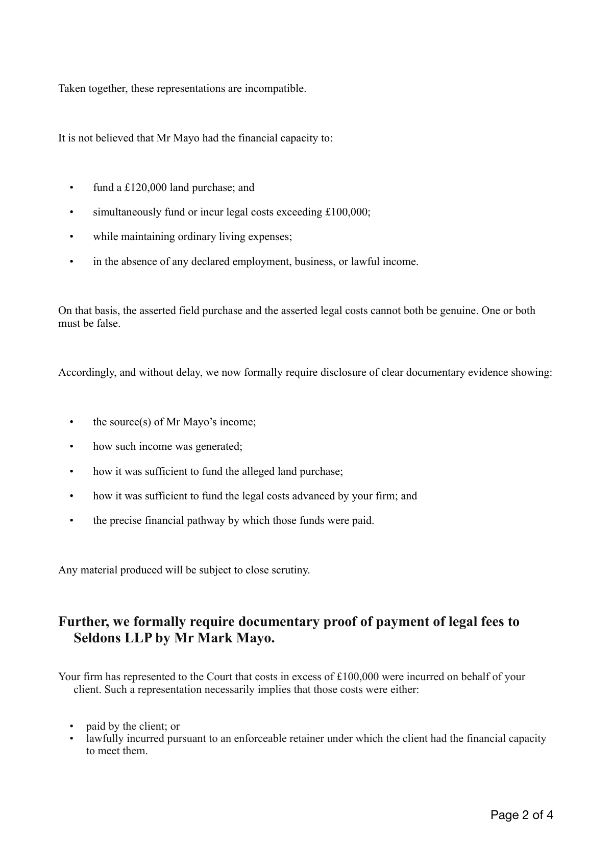 Mr J · 5 January 2026: The demand: substantiate the financial representations. Page 2 of 4.