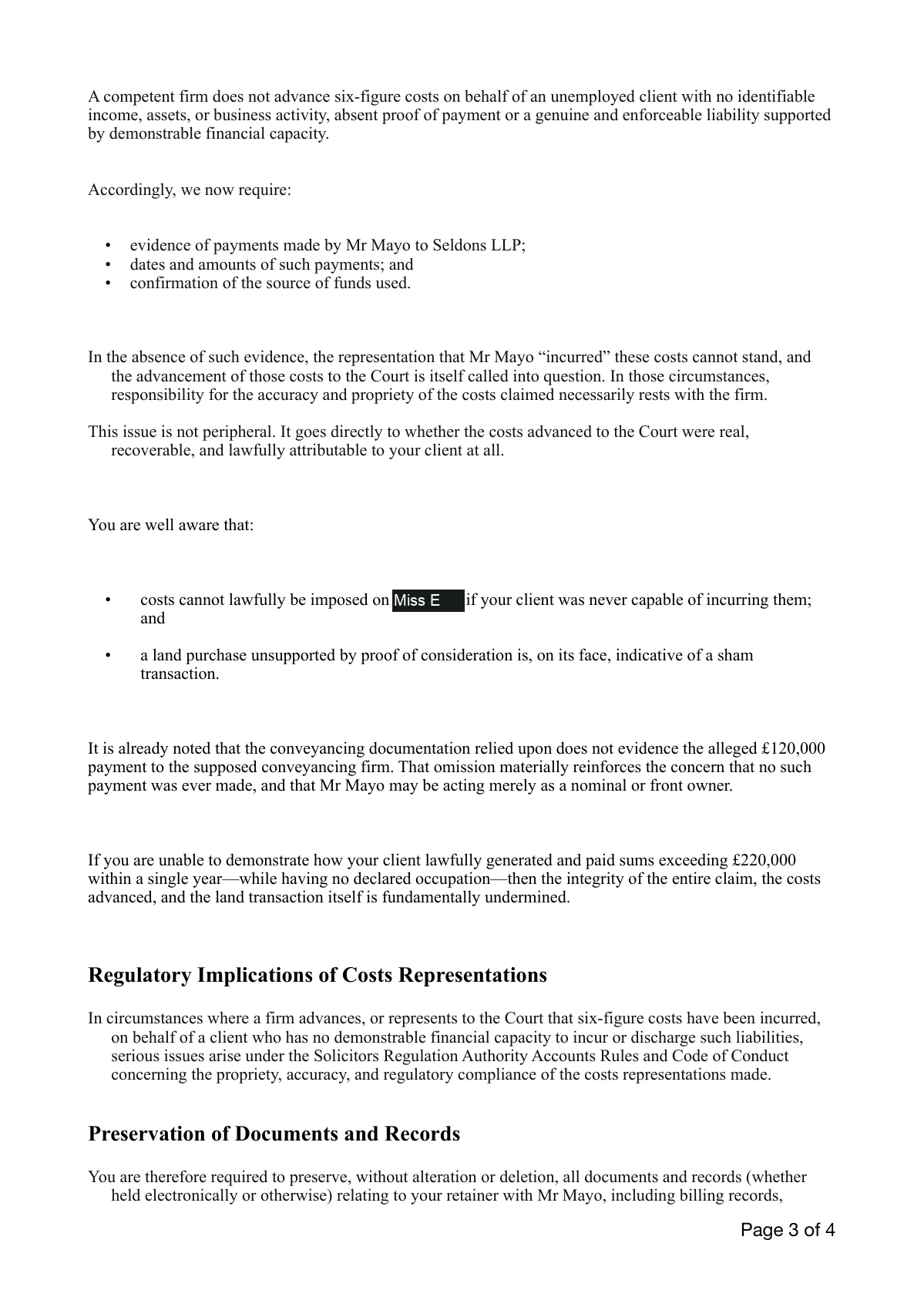Mr J · 5 January 2026: The demand: substantiate the financial representations. Page 3 of 4.