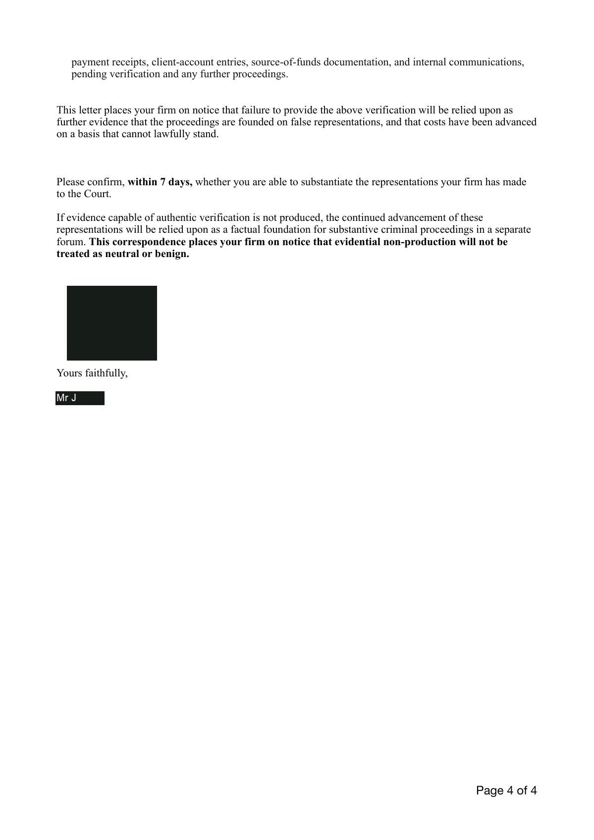 Mr J · 5 January 2026: The demand: substantiate the financial representations. Page 4 of 4.