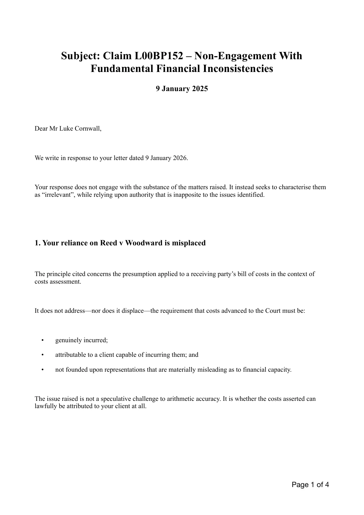 Mr J · January 2026 reply: The challenge: the refusal does not answer the substance. Page 1 of 4.