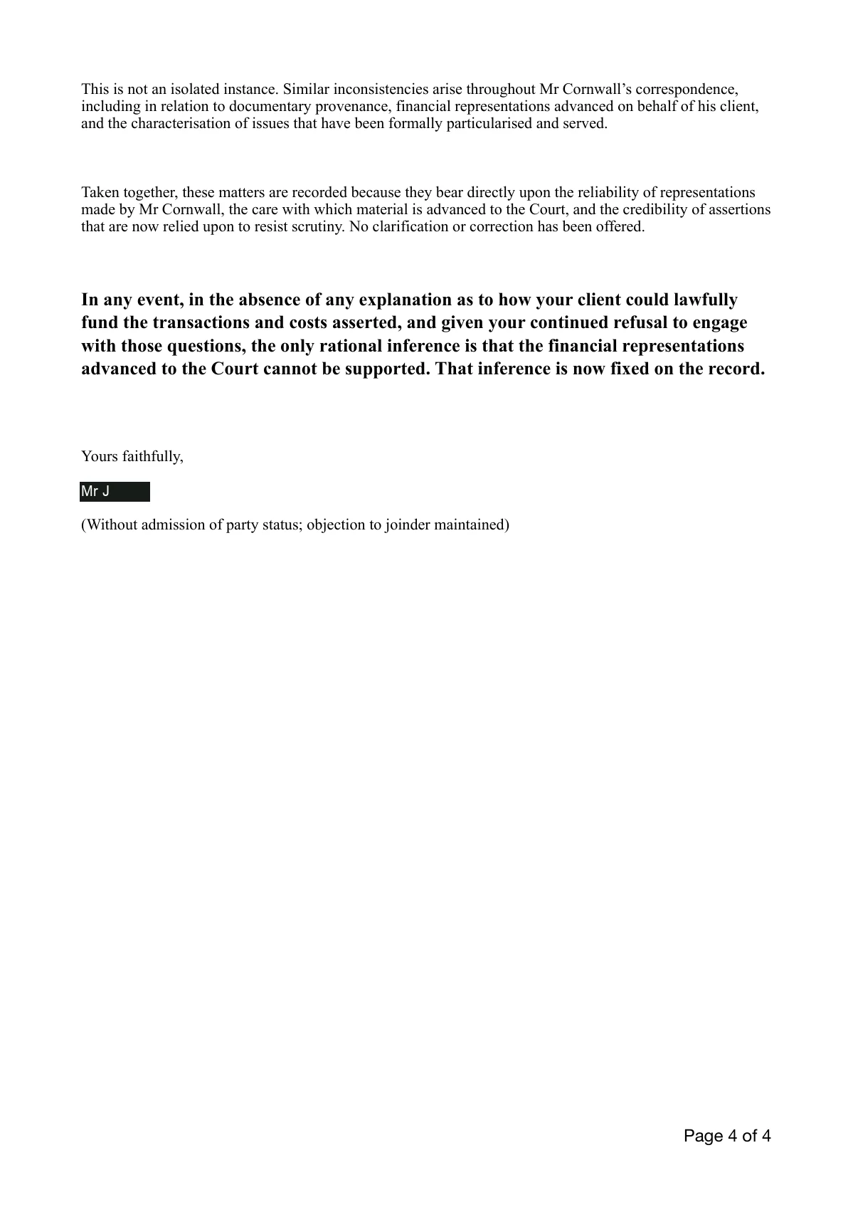 Mr J · January 2026 reply: The challenge: the refusal does not answer the substance. Page 4 of 4.