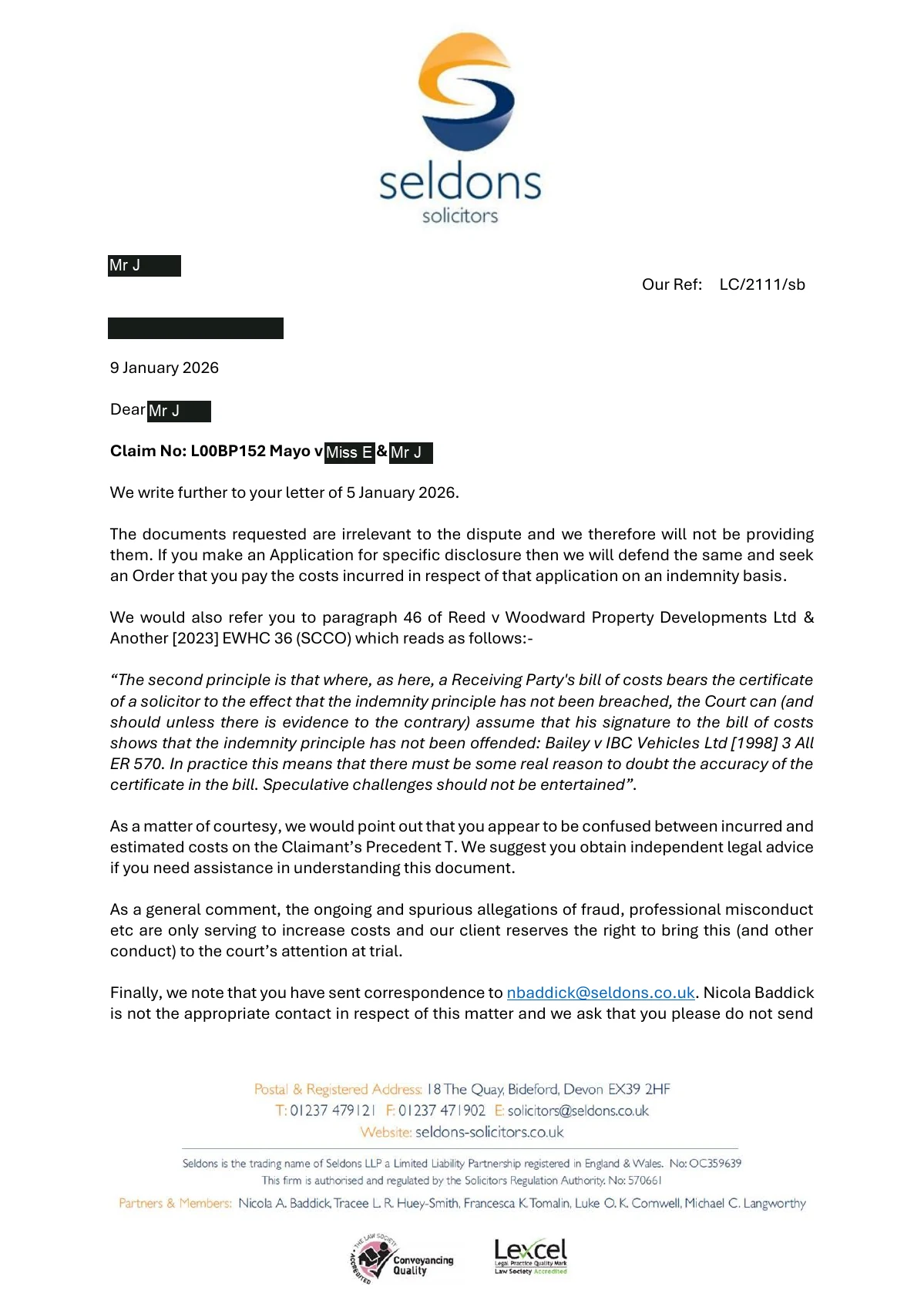 Seldons LLP · 9 January 2026: The response: disclosure refused. Page 1 of 2.