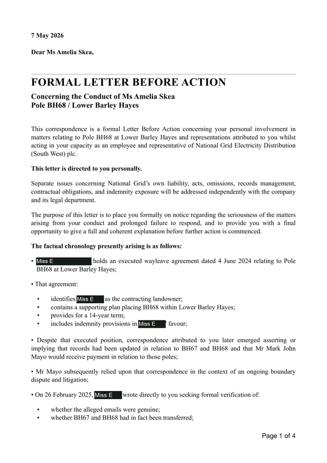 First page of the 7 May 2026 letter before action addressed to Amelia Skea