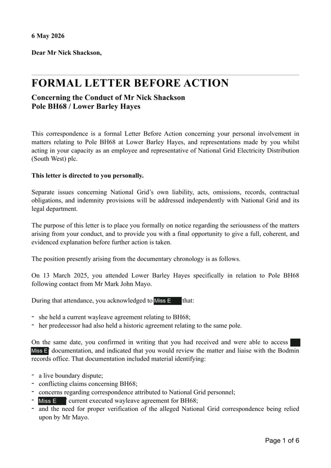 First page of the 6 May 2026 letter before action addressed to Nick Shackson
