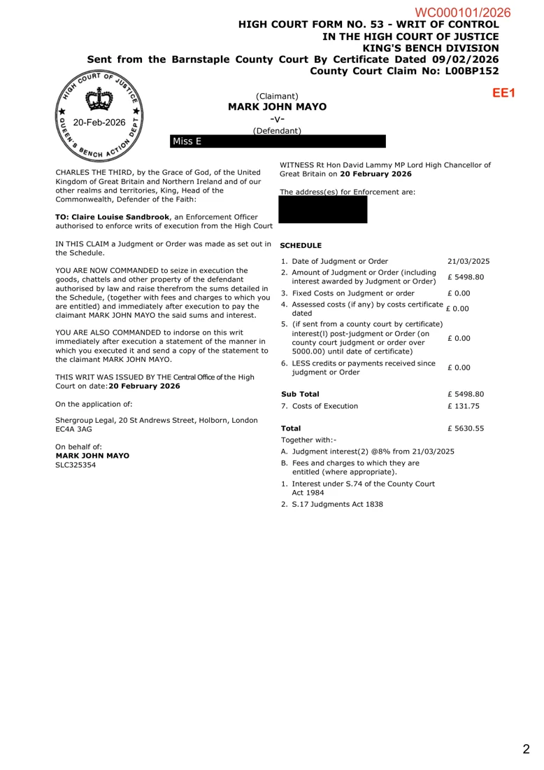 Form 53: the writ dated 20 February 2026, reference WC000101/2026.