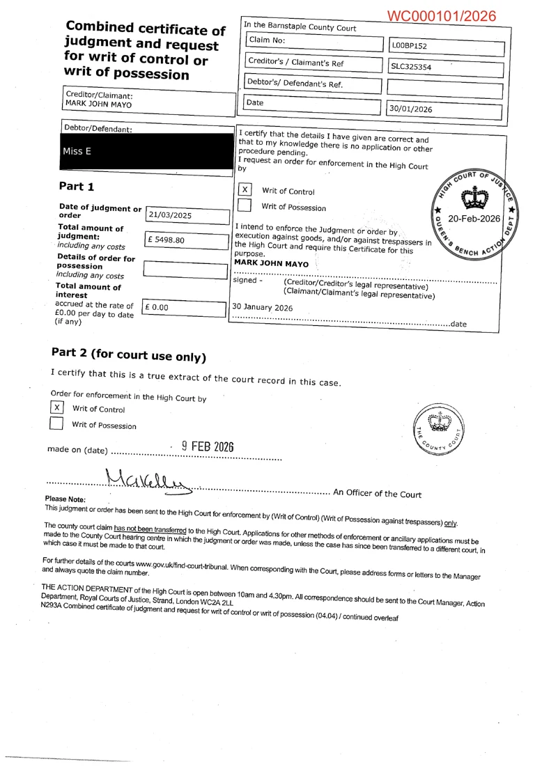 N293A page 1: request, court certification and later Central Office marking.