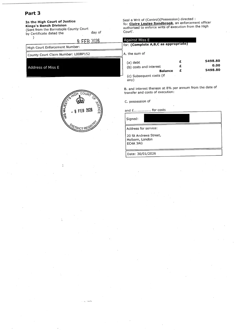 N293A page 2: Part 3, District Registry seal and interest from transfer.