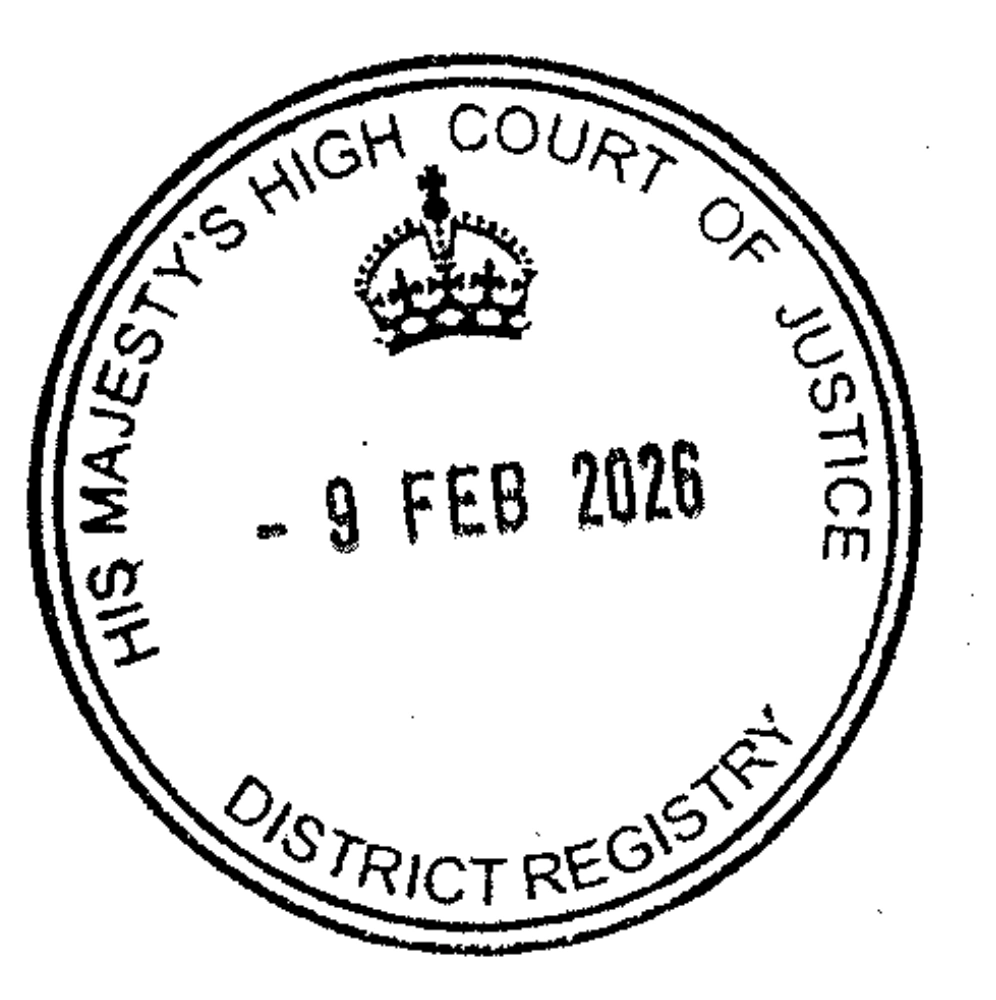 Close-up of the Part 3 High Court District Registry seal dated 9 February 2026; no town is printed within the seal.
